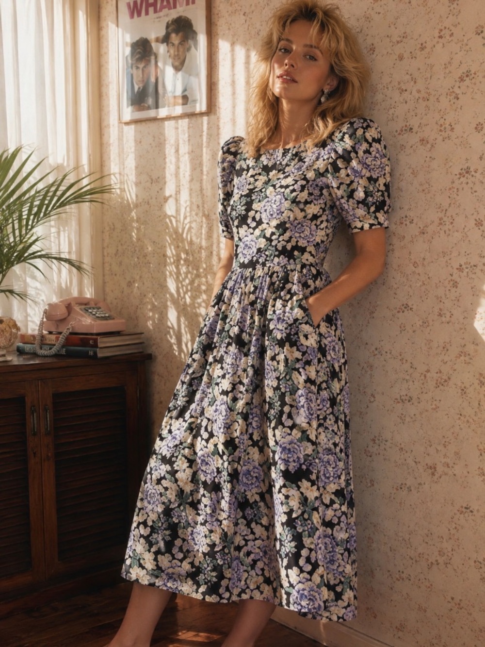 Laura Ashley vintage Romantic Rose Floral Midi Dress Sz 12 Puff Sleeve Cottage